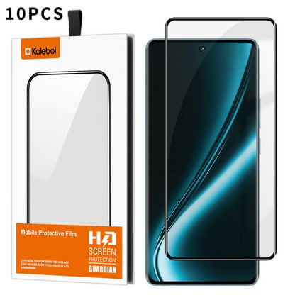 10pcs Kalebol Full Glue Version Curved Full-Coverage Anti-Fingerprint Screen-Printed HD Tempered Glass Film, For Realme 15 Pro 5G, For Realme 15 5G, For Realme Narzo 80 Pro, For Realme P3 Ultra 5G, For Realme P3 Pro, For Realme 14 Pro+, For Realme 14 Pro