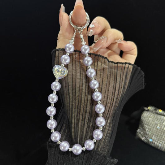 Heart Inlaid Diamond Pearl Crystal Phone Pendant, Orange, Purple, Blue