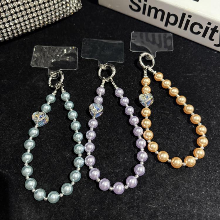 Heart Inlaid Diamond Pearl Crystal Phone Pendant, Orange, Purple, Blue