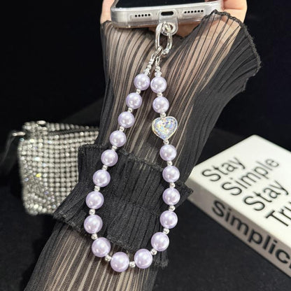 Heart Inlaid Diamond Pearl Crystal Phone Pendant, Orange, Purple, Blue