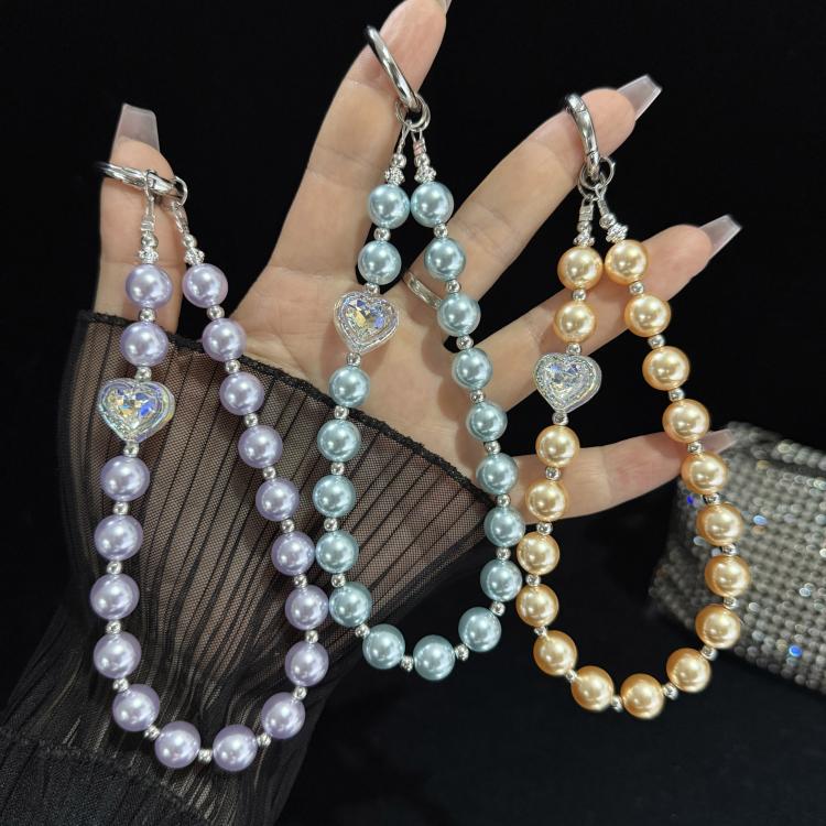 Heart Inlaid Diamond Pearl Crystal Phone Pendant, Orange, Purple, Blue