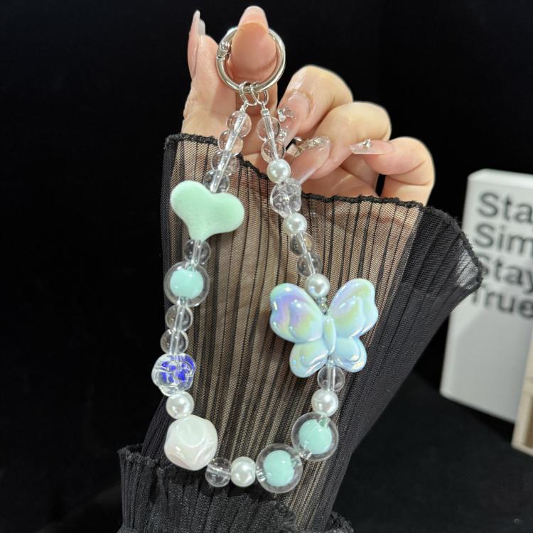 Large Bead Heart Tassel Woven Crystal Phone Chain, Green, Purple, Pink