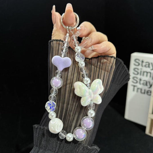 Large Bead Heart Tassel Woven Crystal Phone Chain, Green, Purple, Pink
