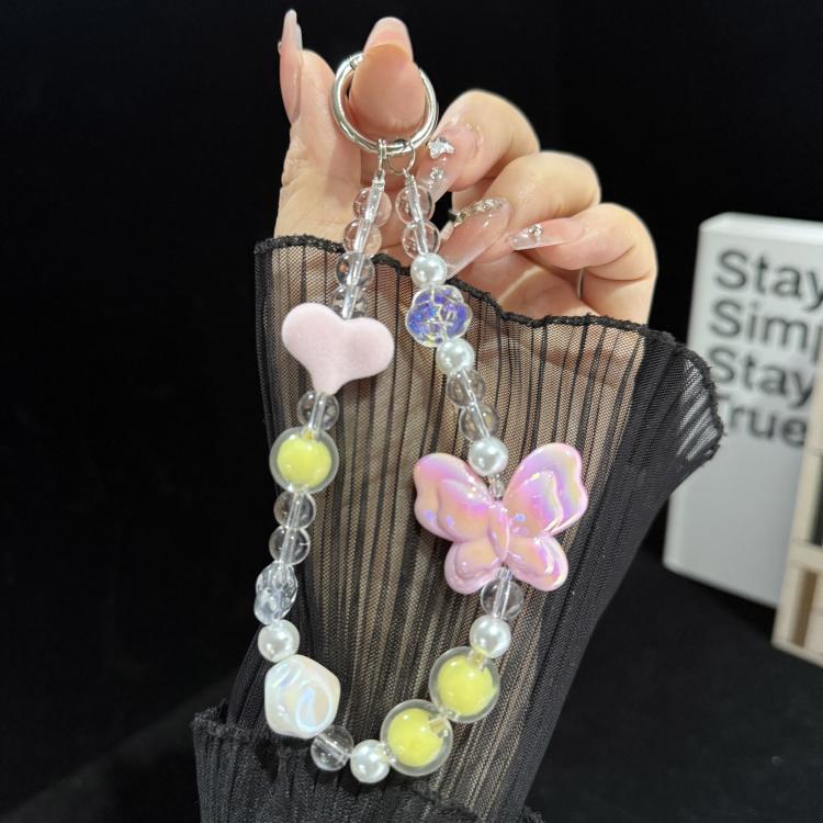 Large Bead Heart Tassel Woven Crystal Phone Chain, Green, Purple, Pink