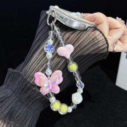 Large Bead Heart Tassel Woven Crystal Phone Chain, Green, Purple, Pink