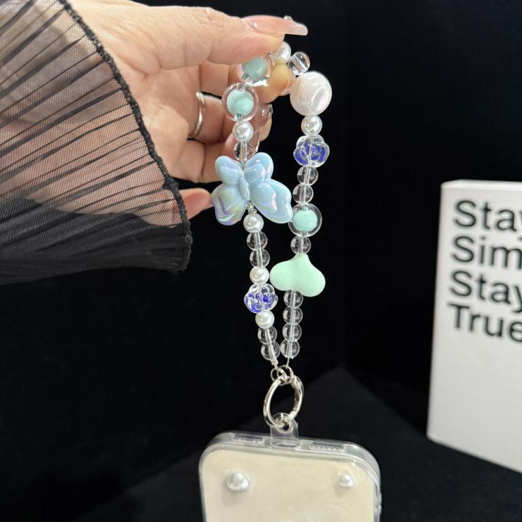 Large Bead Heart Tassel Woven Crystal Phone Chain, Green, Purple, Pink