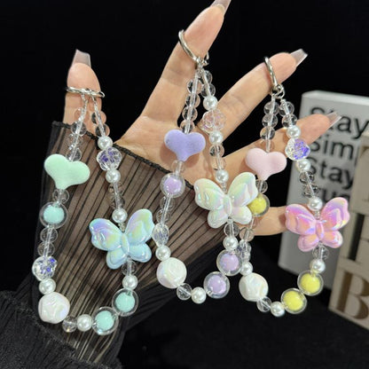 Large Bead Heart Tassel Woven Crystal Phone Chain, Green, Purple, Pink