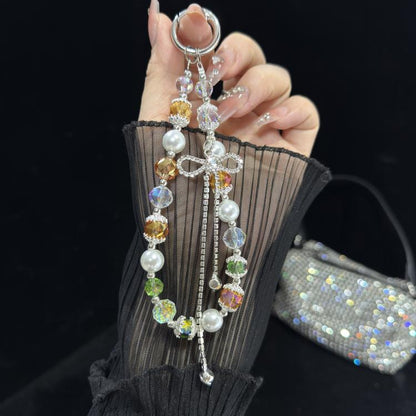 Bow Rhinestone Colored Bead Crystal Phone Chain, Red, Brown, Blue