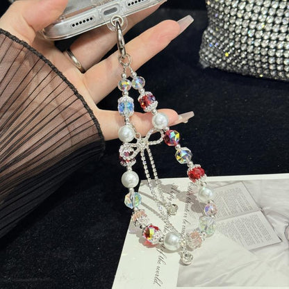 Bow Rhinestone Colored Bead Crystal Phone Chain, Red, Brown, Blue