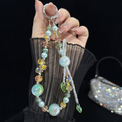 Iridescent Double Layer Flower Bead Phone Chain, White, Green, Pink