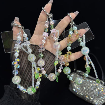 Iridescent Double Layer Flower Bead Phone Chain, White, Green, Pink