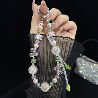 Iridescent Double Layer Flower Bead Phone Chain, White, Green, Pink