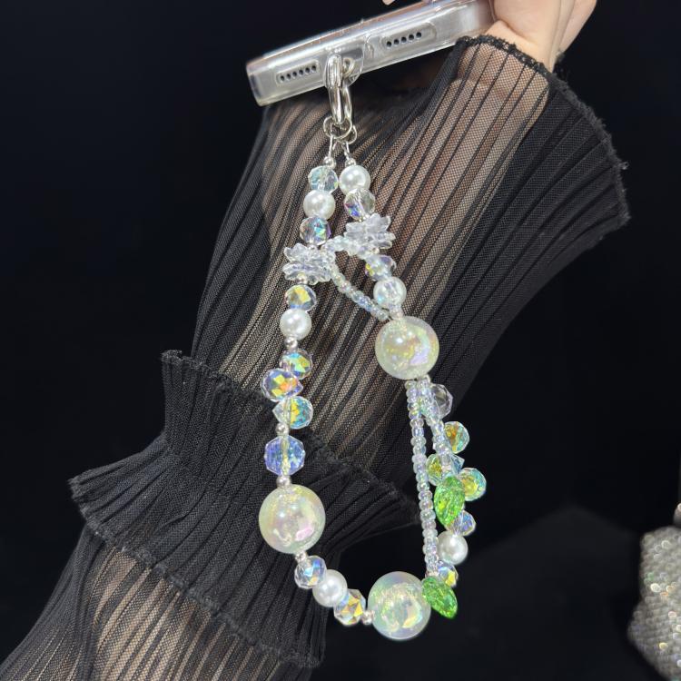 Iridescent Double Layer Flower Bead Phone Chain, White, Green, Pink
