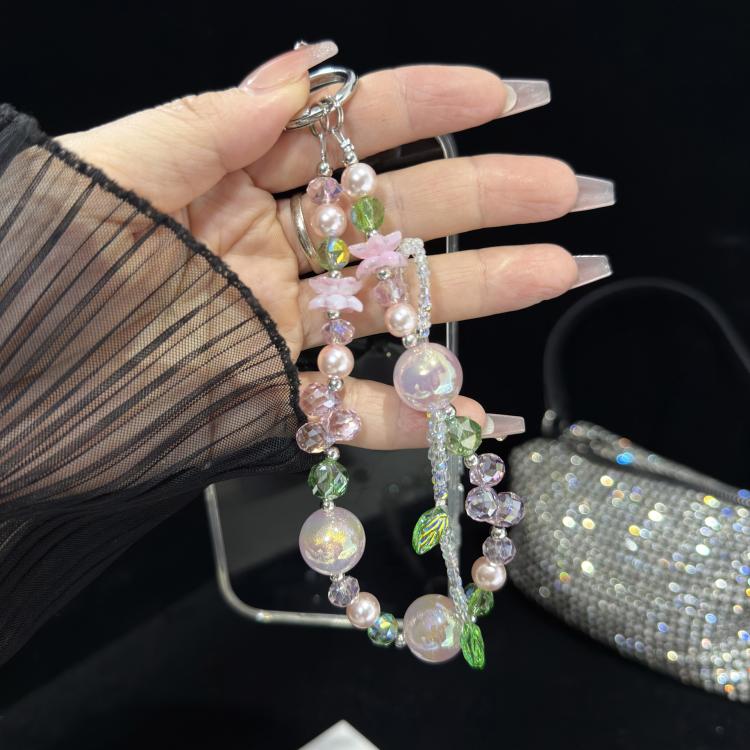 Iridescent Double Layer Flower Bead Phone Chain, White, Green, Pink