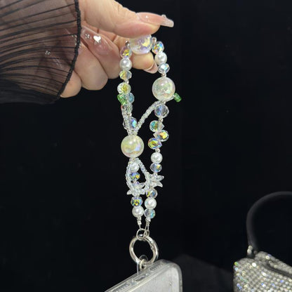 Iridescent Double Layer Flower Bead Phone Chain, White, Green, Pink
