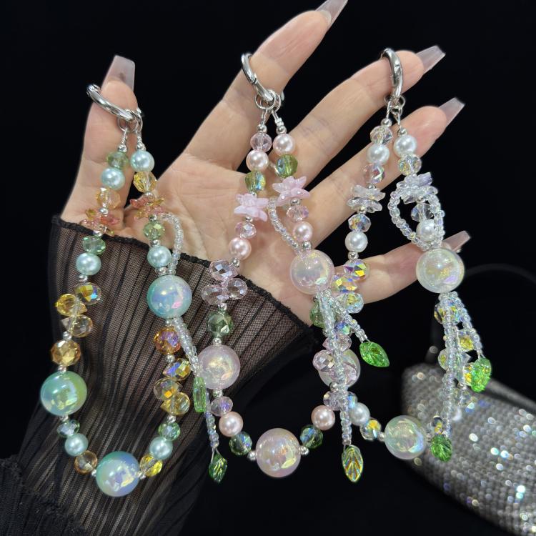 Iridescent Double Layer Flower Bead Phone Chain, White, Green, Pink