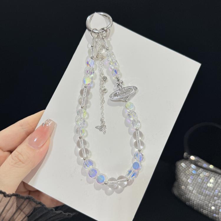 Iridescent Saturn Tassel Butterfly Crystal Phone Chain, White, Grey, Yellow, Blue