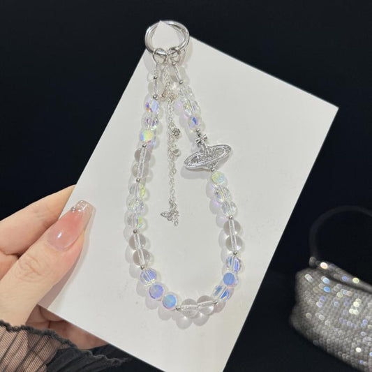 Iridescent Saturn Tassel Butterfly Crystal Phone Chain, White, Grey, Yellow, Blue