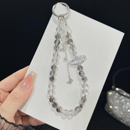 Iridescent Saturn Tassel Butterfly Crystal Phone Chain, White, Grey, Yellow, Blue