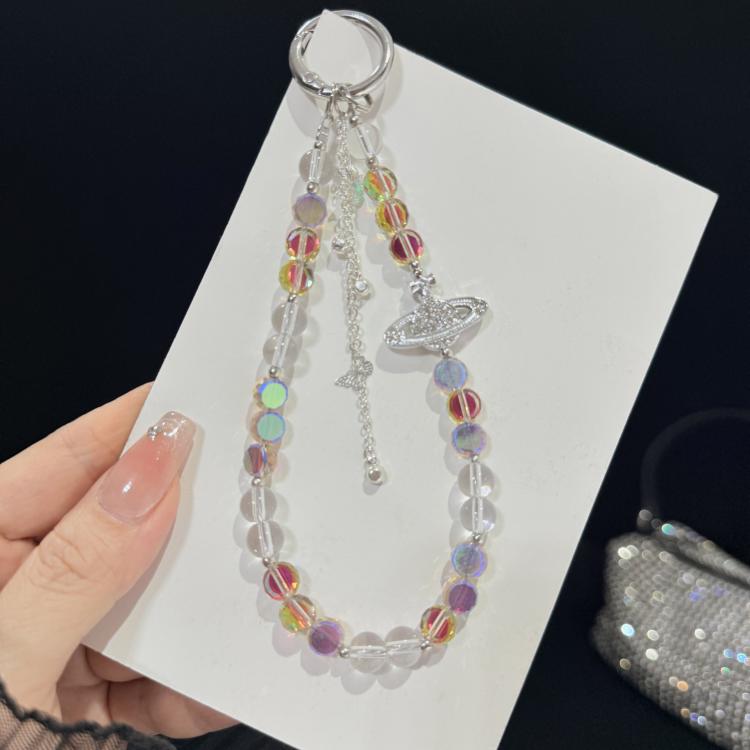 Iridescent Saturn Tassel Butterfly Crystal Phone Chain, White, Grey, Yellow, Blue