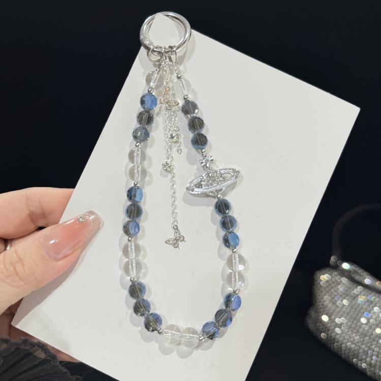 Iridescent Saturn Tassel Butterfly Crystal Phone Chain, White, Grey, Yellow, Blue