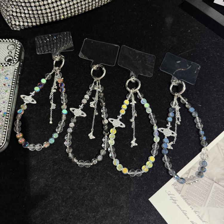 Iridescent Saturn Tassel Butterfly Crystal Phone Chain, White, Grey, Yellow, Blue