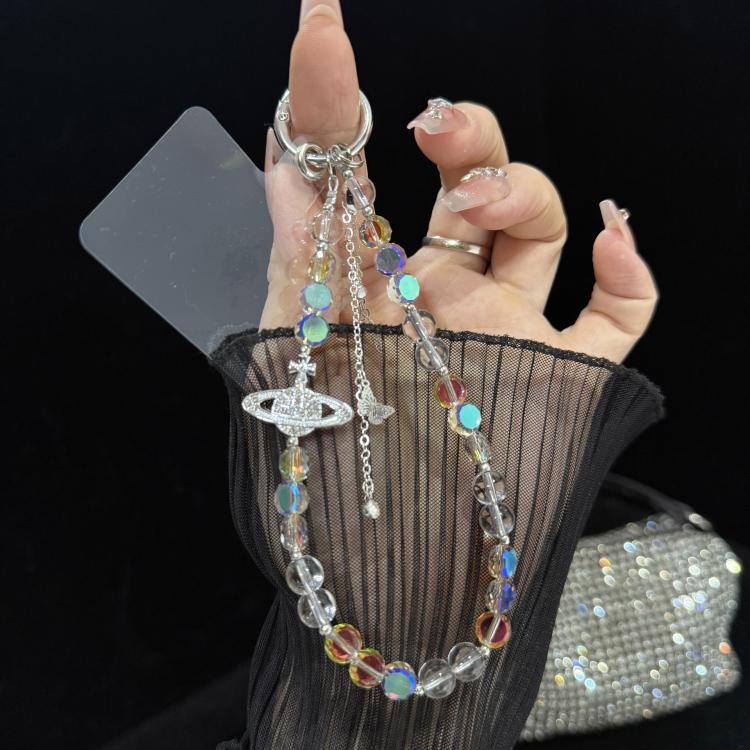 Iridescent Saturn Tassel Butterfly Crystal Phone Chain, White, Grey, Yellow, Blue