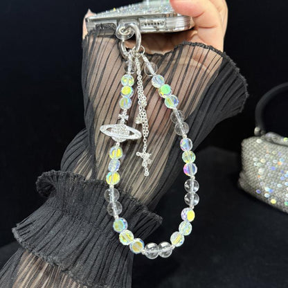 Iridescent Saturn Tassel Butterfly Crystal Phone Chain, White, Grey, Yellow, Blue
