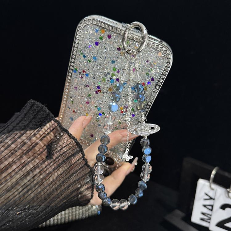 Iridescent Saturn Tassel Butterfly Crystal Phone Chain, White, Grey, Yellow, Blue
