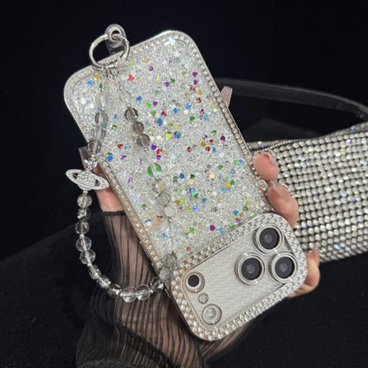 Iridescent Saturn Tassel Butterfly Crystal Phone Chain, White, Grey, Yellow, Blue