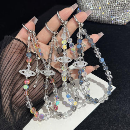 Iridescent Saturn Tassel Butterfly Crystal Phone Chain, White, Grey, Yellow, Blue