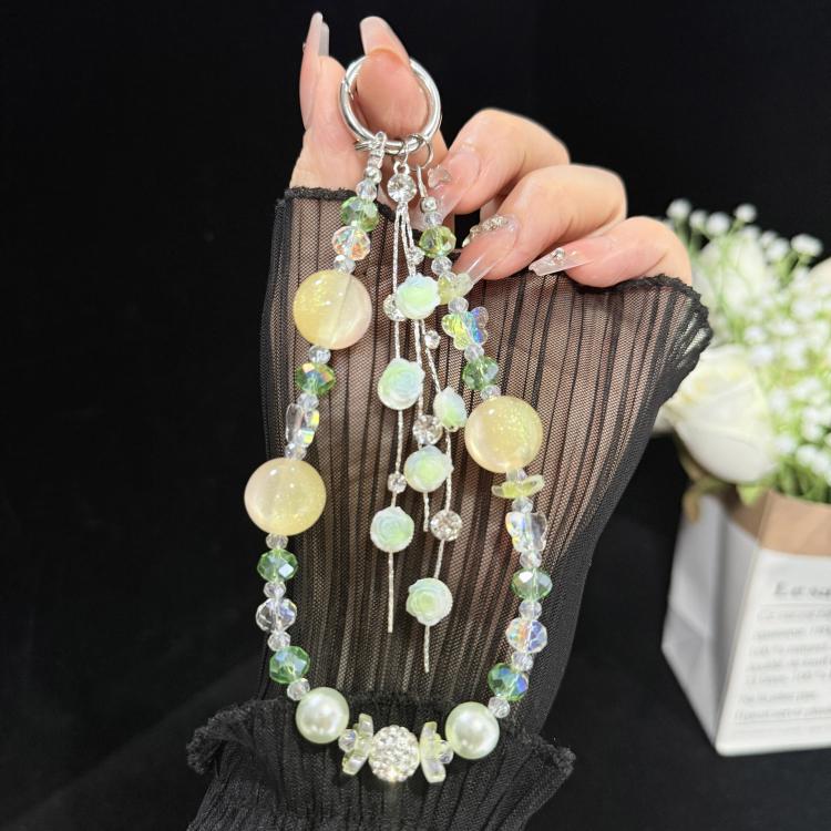 Rose Glass Bead Crystal Phone Chain, Green, Pink, Purple, Blue