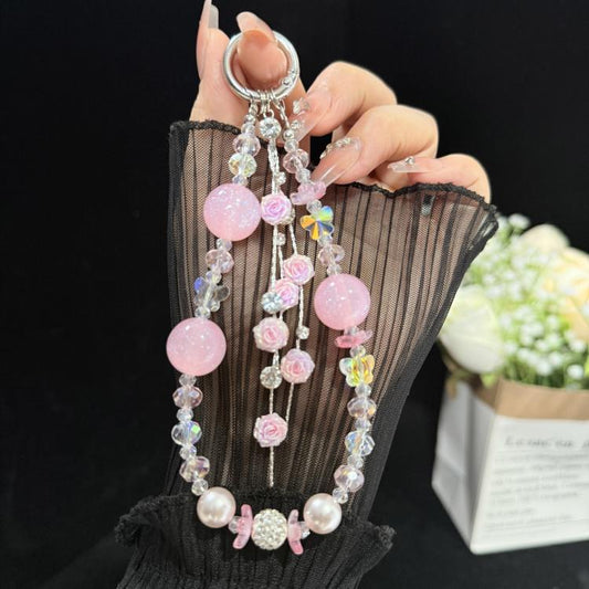 Rose Glass Bead Crystal Phone Chain, Green, Pink, Purple, Blue