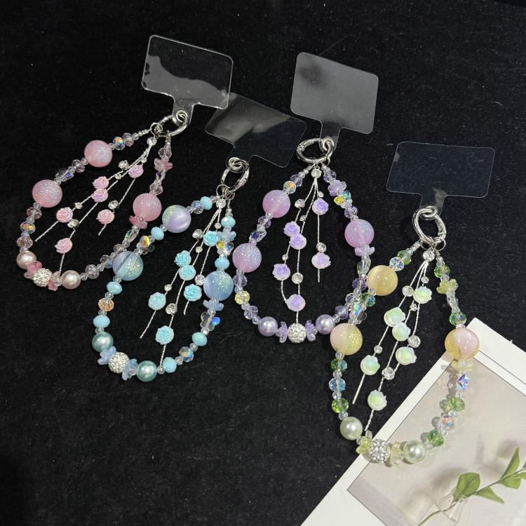Rose Glass Bead Crystal Phone Chain, Green, Pink, Purple, Blue
