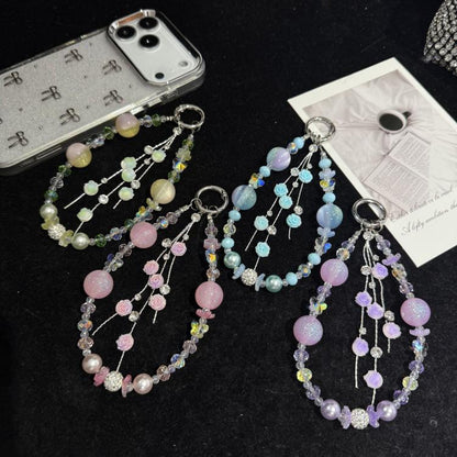 Rose Glass Bead Crystal Phone Chain, Green, Pink, Purple, Blue