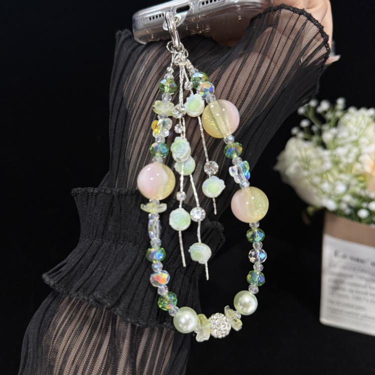 Rose Glass Bead Crystal Phone Chain, Green, Pink, Purple, Blue