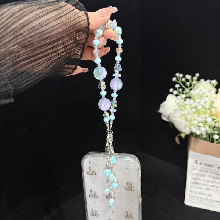Rose Glass Bead Crystal Phone Chain, Green, Pink, Purple, Blue