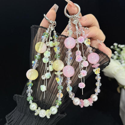 Rose Glass Bead Crystal Phone Chain, Green, Pink, Purple, Blue