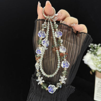 Double Layer Glass Flower Butterfly Phone Chain, Green, Pink, Purple