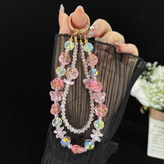 Double Layer Glass Flower Butterfly Phone Chain, Green, Pink, Purple