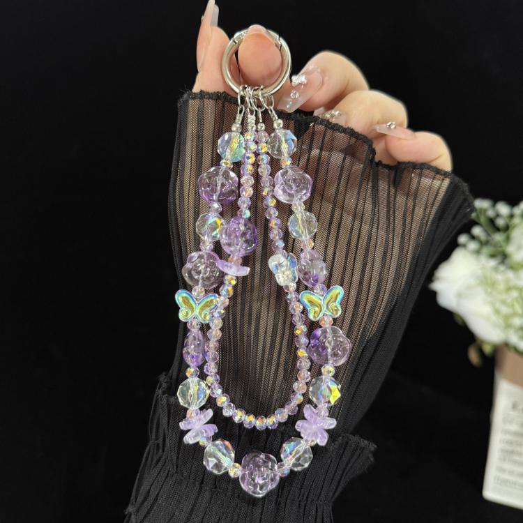 Double Layer Glass Flower Butterfly Phone Chain, Green, Pink, Purple