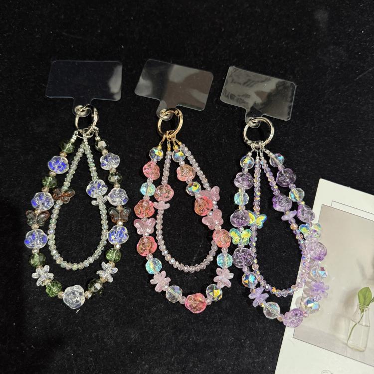 Double Layer Glass Flower Butterfly Phone Chain, Green, Pink, Purple