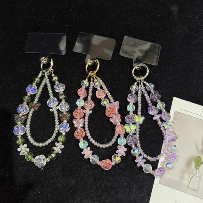 Double Layer Glass Flower Butterfly Phone Chain, Green, Pink, Purple