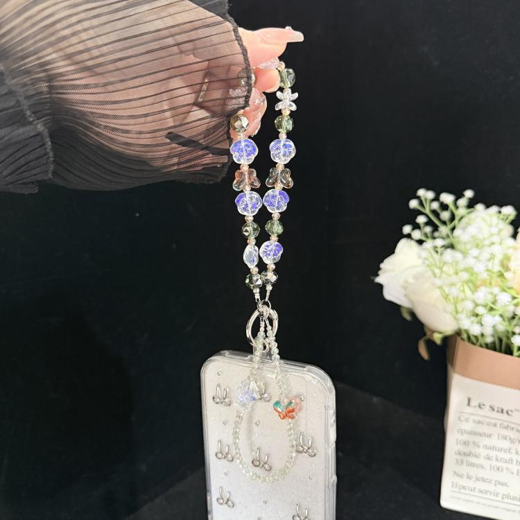 Double Layer Glass Flower Butterfly Phone Chain, Green, Pink, Purple