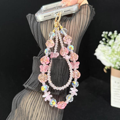 Double Layer Glass Flower Butterfly Phone Chain, Green, Pink, Purple