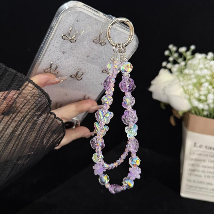 Double Layer Glass Flower Butterfly Phone Chain, Green, Pink, Purple