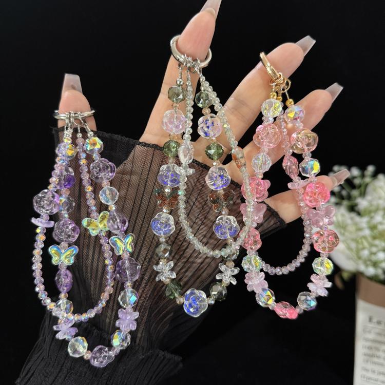 Double Layer Glass Flower Butterfly Phone Chain, Green, Pink, Purple