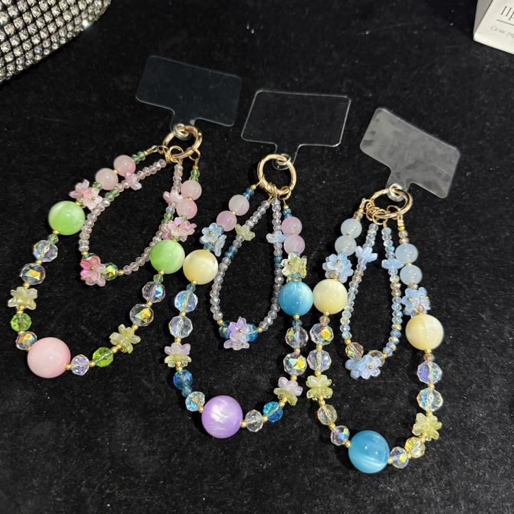 Spring Floral Beaded Crystal Phone Charm, Purple, Pink, Blue