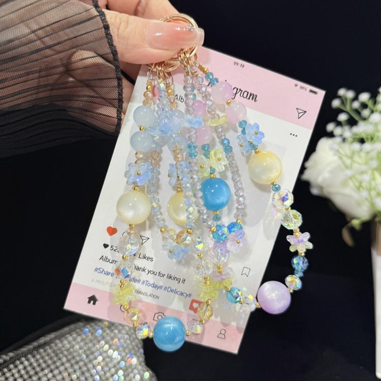 Spring Floral Beaded Crystal Phone Charm, Purple, Pink, Blue