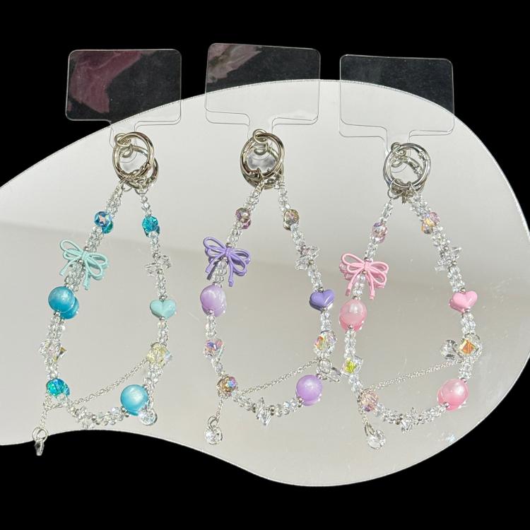 Broken Diamond Heart Bow Crystal Phone Charm, Blue, Purple, Pink